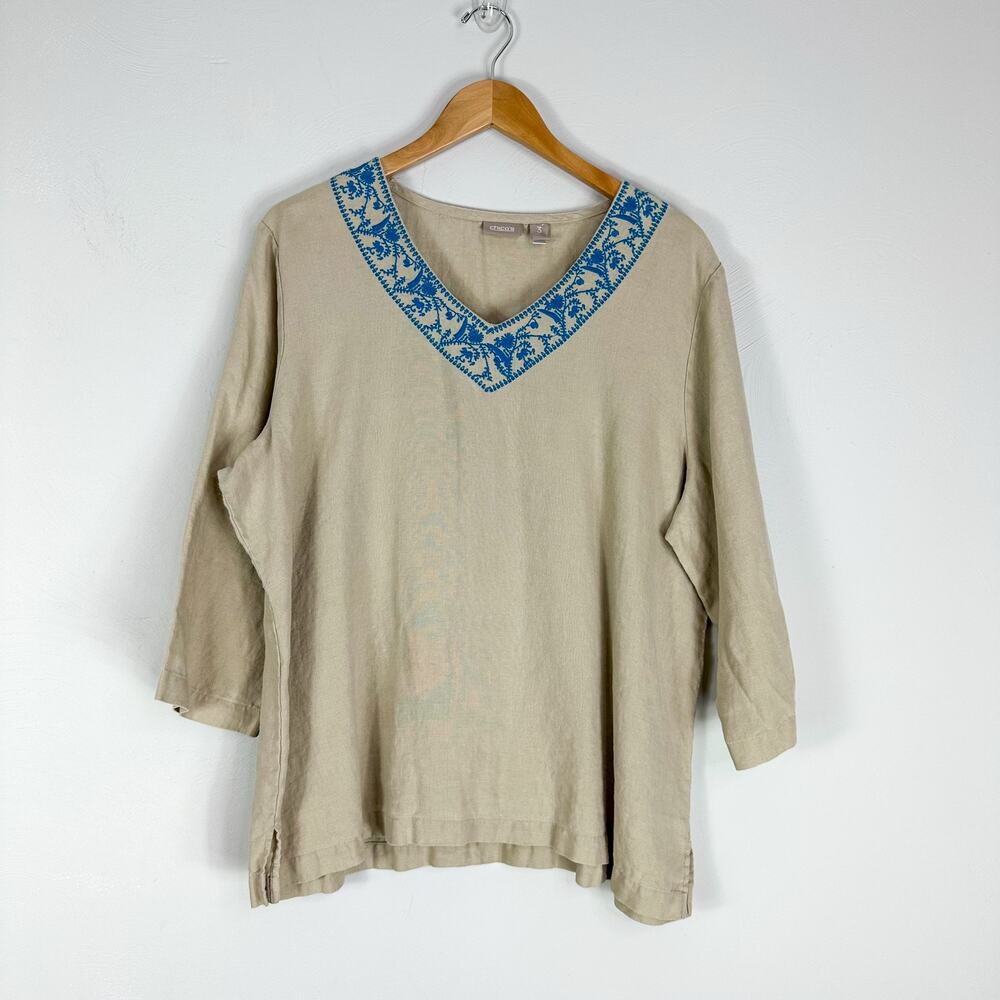 Chico's Tan Embroidered V-Neck 100% Linen Tunic